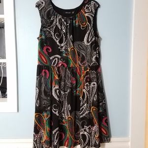 Paisley Black White Yellow Green Sleeveless Skater Dress Fit & Flare 14 Stretchy